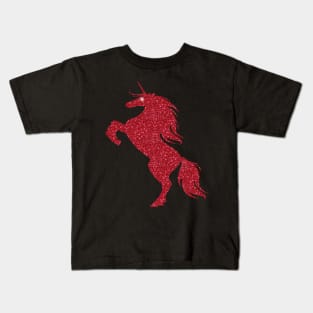 Red Faux Glitter Magical Rearing Unicorn Kids T-Shirt